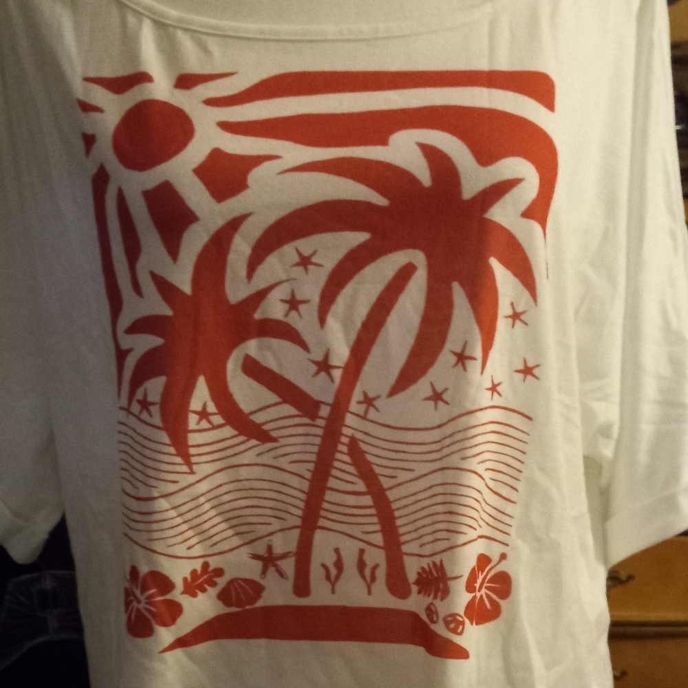 New,tag white cropped off shoulder t-shirt with red tropical print front size m